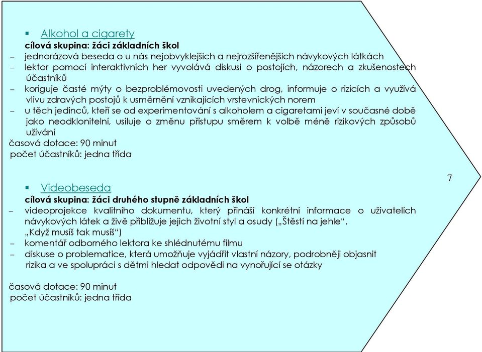 u těch jedinců, kteří se od experimentování s alkoholem a cigaretami jeví v současné době jako neodklonitelní, usiluje o změnu přístupu směrem k volbě méně rizikových způsobů užívání časová dotace: