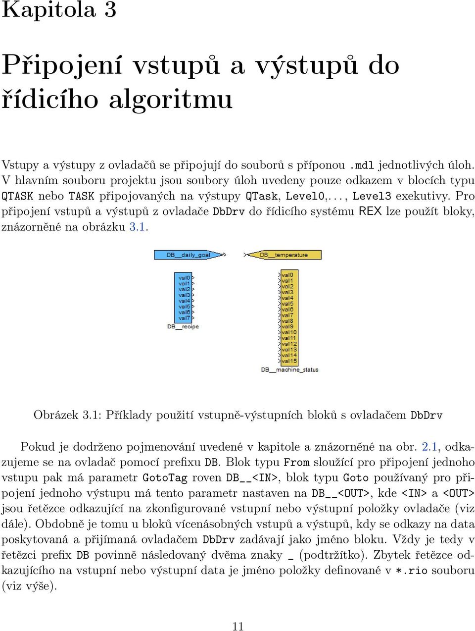 Pro připojení vstupů a výstupů z ovladače DbDrv do řídicího systému REX lze použít bloky, znázorněné na obrázku 3.1. Obrázek 3.