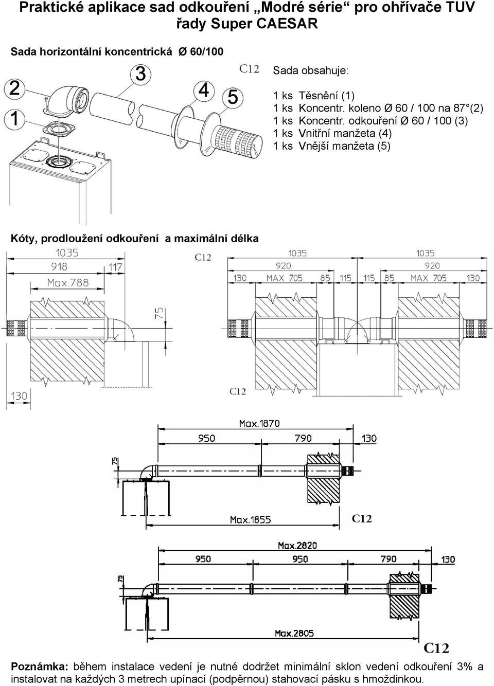 odkouření Ø 60 / 100 (3) 1 ks Vnitřní manžeta (4) 1 ks Vnější manžeta (5) Kóty, prodloužení odkouření a maximální délka