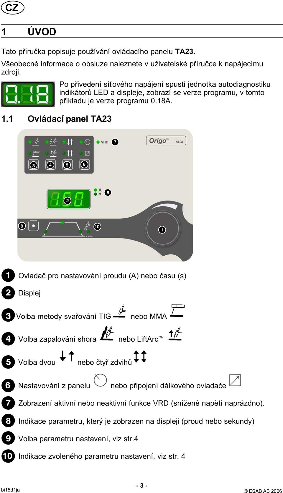 1 Ovládací panel TA23 Ovladač pro nastavování proudu (A) nebo času (s) Displej Volba metody svařování TIG nebo MMA Volba zapalování shora nebo LiftArc Volba dvou nebo čtyř zdvihů Nastavování z