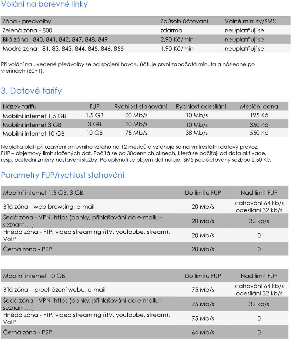 Datové tarify Název tarifu FUP Rychlost stahování Rychlost odesílání Měsíční cena Mobilní internet 1,5 GB 1,5 GB 20 Mb/s 10 Mb/s 195 Kč Mobilní internet 3 GB 3 GB 20 Mb/s 10 Mb/s 350 Kč Mobilní