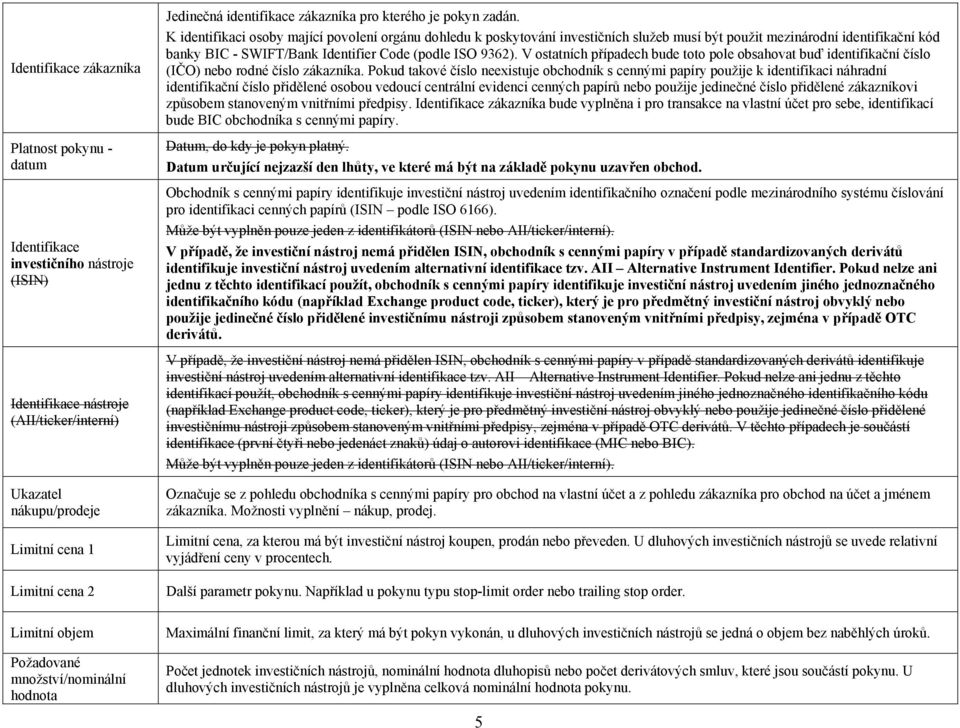 K identifikaci osoby mající povolení orgánu dohledu k poskytování investičních služeb musí být použit mezinárodní identifikační kód banky BIC - SWIFT/Bank Identifier Code (podle ISO 9362).