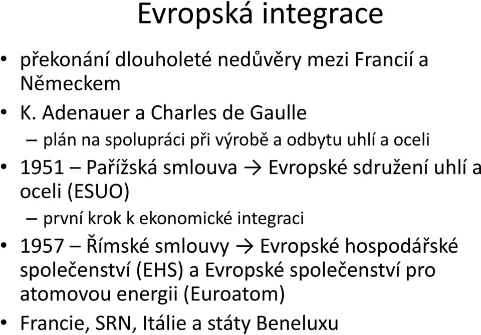 smlouva Evropské sdružení uhlí a oceli (ESUO) první krok k ekonomické integraci 1957 Římské smlouvy