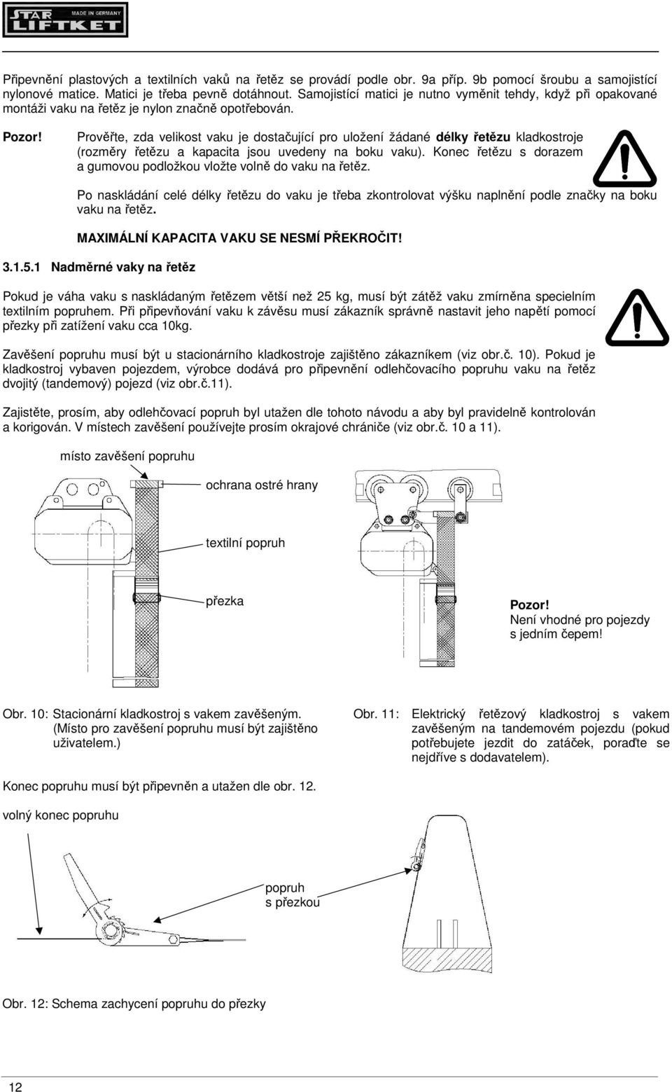 Prověřte, zda velikost vaku je dostačující pro uložení žádané délky řetězu kladkostroje (rozměry řetězu a kapacita jsou uvedeny na boku vaku).