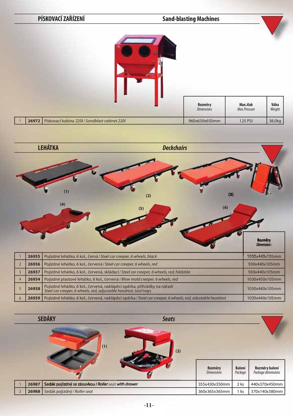 , černá / Steel car creeper, 6 wheels, black 1030x440x105mm 2 26936 Pojízdné lehátko, 6 kol., červená / Steel car creeper, 6 wheels, red 930x440x105mm 3 26937 Pojízdné lehátko, 6 kol.