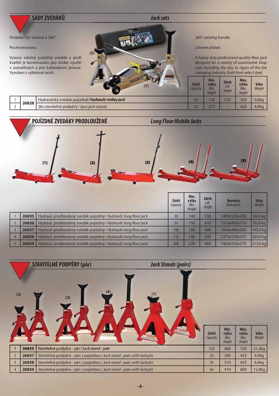 1 Hydraulický zvedák pojízdný / Hydraulic trolley jack 2t 130 220 350 9,6kg 26828 2 2ks stavitelné podpěry / 2pcs jack stands 2t 275-420 4,9kg Chrome plated.