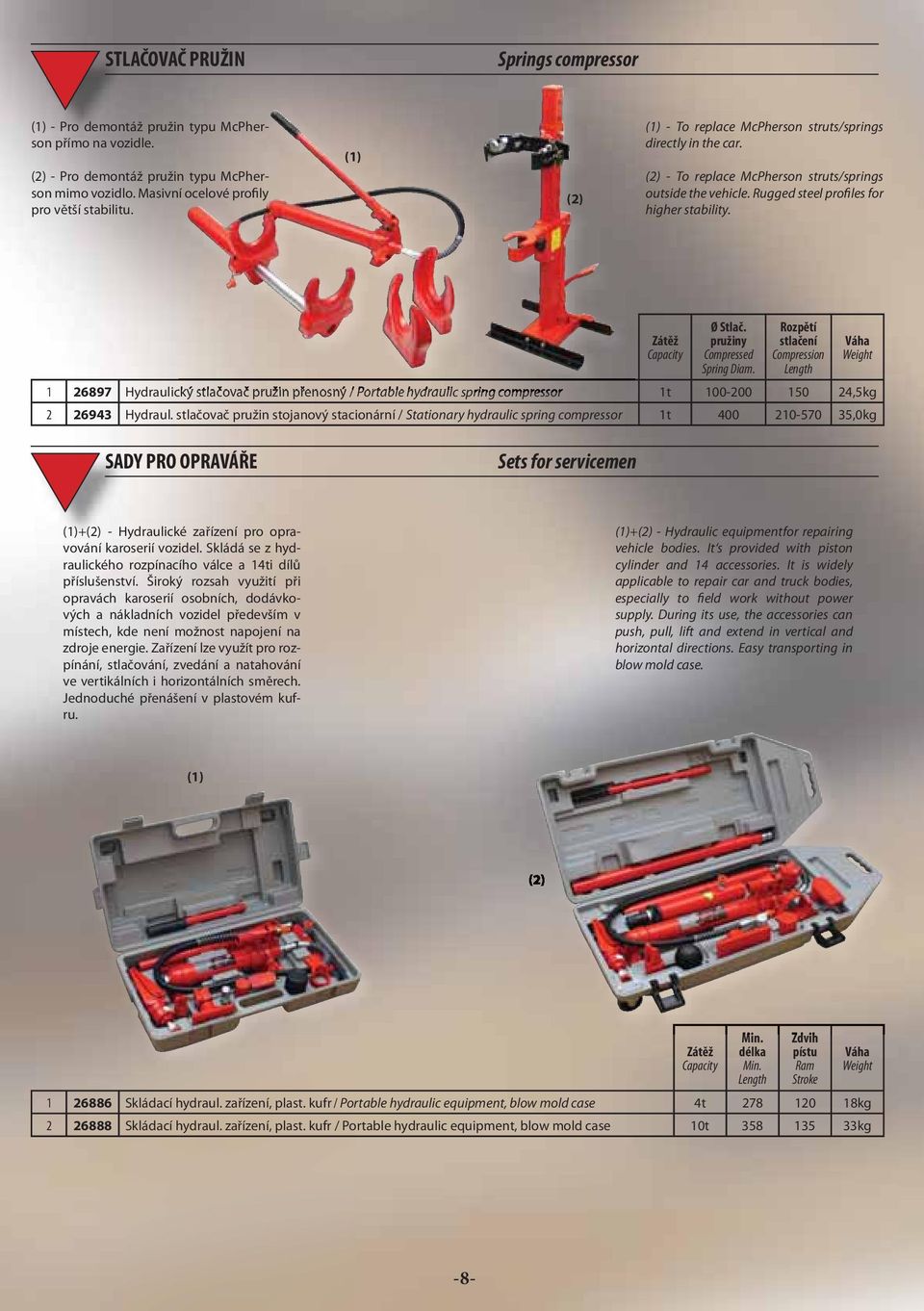 pružiny Compressed Spring Diam. Rozpětí stlačení Compression Length 1 26897 Hydraulický stlačovač pružin přenosný / Portable hydraulic spring compressor 1t 100-200 150 24,5kg 2 26943 Hydraul.