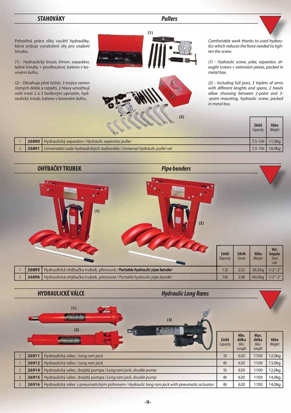 Comfortable work thanks to used hydraulics which reduces the force needed to tighten the screw. - Hydraulic screw, yoke, separator, draught screws + extension pieces, packed in metal box.