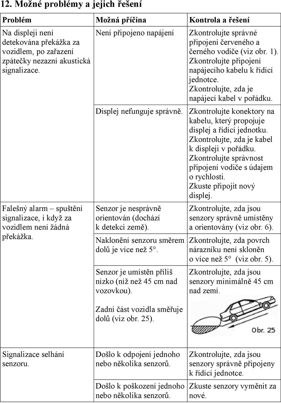 Naklonění senzoru směrem dolů je více než 5. Senzor je umístěn příliš nízko (níž než 45 cm nad vozovkou). Zadní část vozidla směřuje dolů (viz obr. 25).