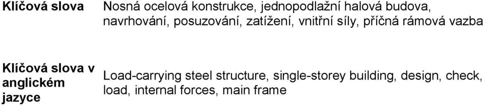 Klíčová slova v anglickém jazyce Load-carrying steel structure,