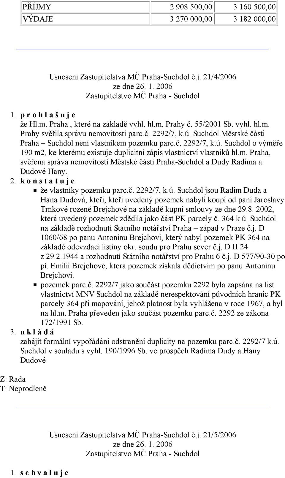 m. Praha, svěřena správa nemovitostí Městské části Praha-Suchdol a Dudy Radima a Dudové Hany. k o n s t a t u j e že vlastníky pozemku parc.č. 2292/7, k.ú.