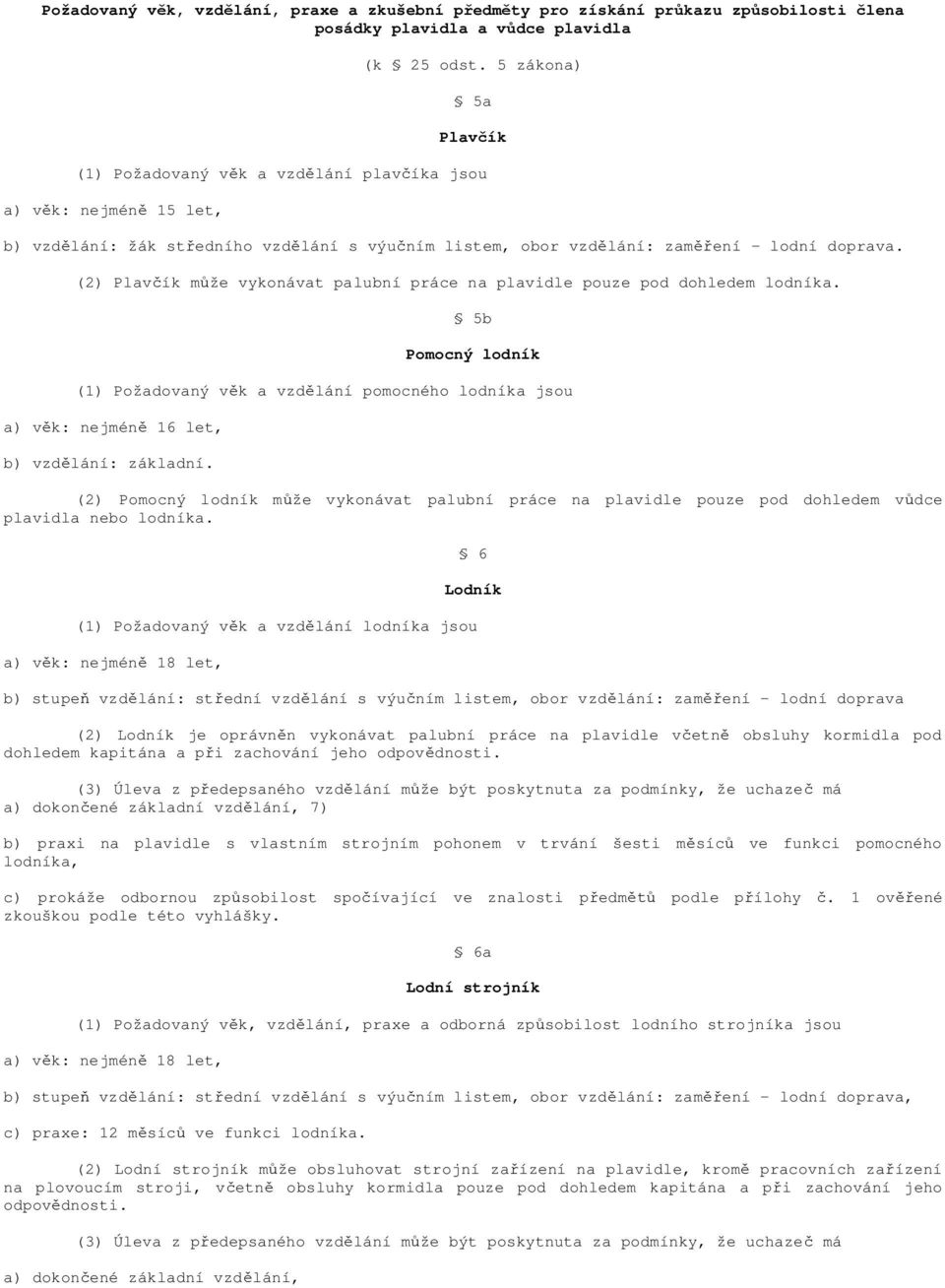(2) Plav ík m že vykonávat palubní práce na plavidle pouze pod dohledem lodníka. 5b Pomocný lodník (1) Požadovaný v k a vzd lání pomocného lodníka jsou a) v k: nejmén 16 let, b) vzd lání: základní.
