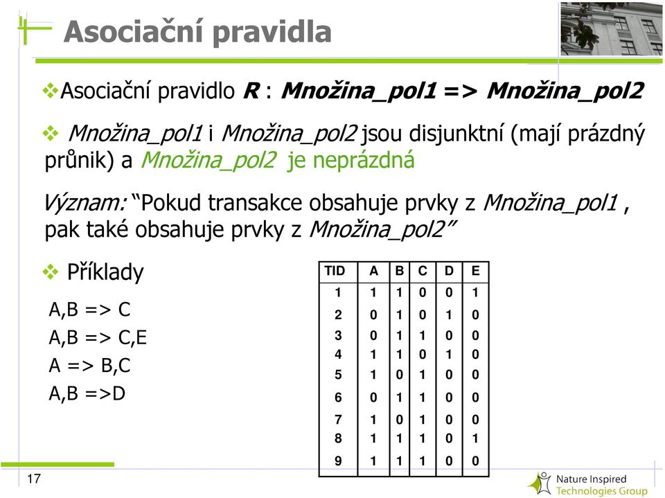 Množina_pol1, pak také obsahuje prvky z Množina_pol2 Příklady A,B => C A,B => C,E A => B,C A,B =>D TID A B