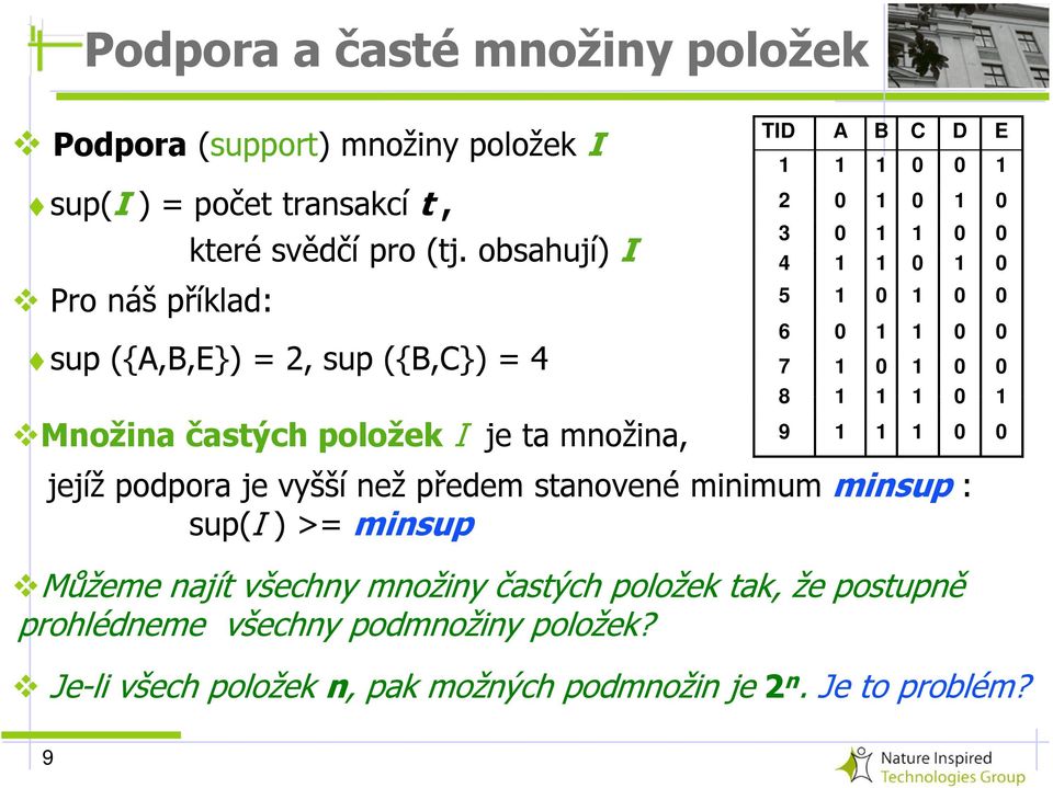 1 0 0 4 1 1 0 1 0 5 1 0 1 0 0 6 0 1 1 0 0 7 1 0 1 0 0 8 1 1 1 0 1 9 1 1 1 0 0 jejíž podpora je vyšší než předem stanovené minimum minsup : sup(i )