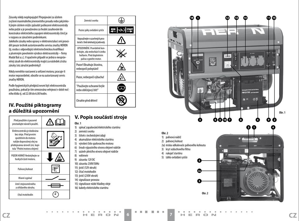 elektrického zapojení elektrocentrály čímž je v rozporu se záručními podmínkami. Jakékoliv zásahy nebo opravy v elektroinstalaci smí provádět pouze technik autorizovaného servisu značky HERON (tj.