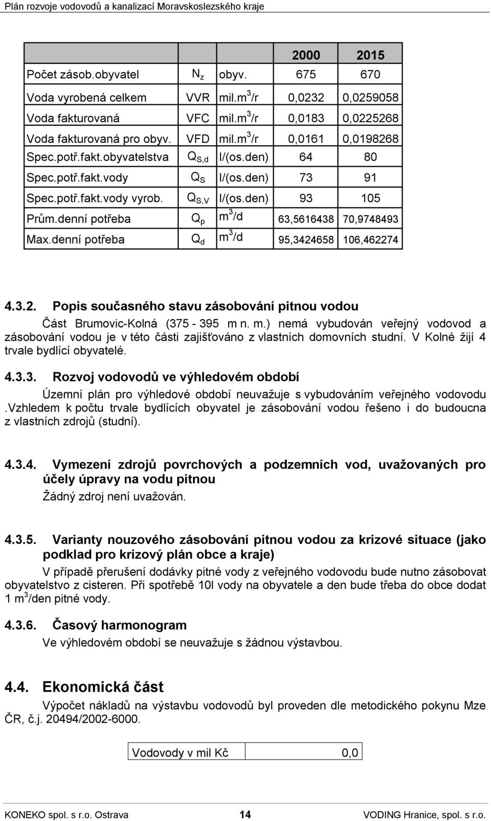 denní potřeba Q p m 3 /d 63,5616438 70,9748493 Max.denní potřeba Q d m 3 /d 95,3424658 106,462274 4.3.2. Popis současného stavu zásobování pitnou vodou Část Brumovic-Kolná (375-395 m n. m.) nemá vybudován veřejný vodovod a zásobování vodou je v této části zajišťováno z vlastních domovních studní.