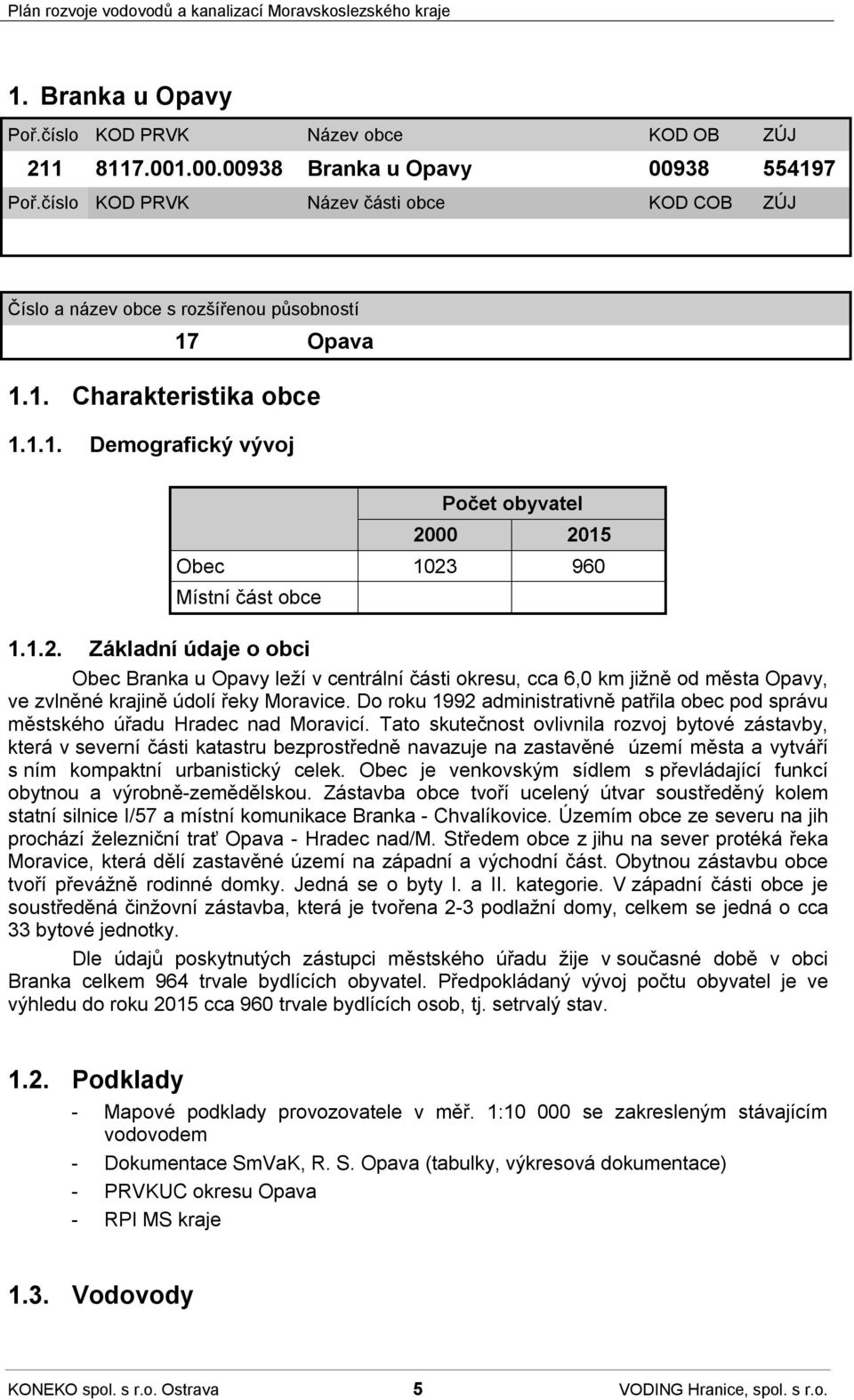 960 Místní část obce 1.1.2. Základní údaje o obci Obec Branka u Opavy leží v centrální části okresu, cca 6,0 km jižně od města Opavy, ve zvlněné krajině údolí řeky Moravice.