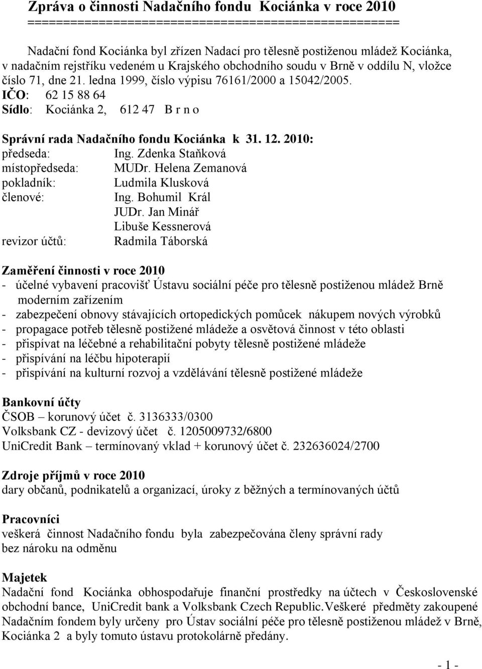 IČO: 62 15 88 64 Sídlo: Kociánka 2, 612 47 B r n o Správní rada Nadačního fondu Kociánka k 31. 12. 2010: předseda: Ing. Zdenka Staňková místopředseda: MUDr.