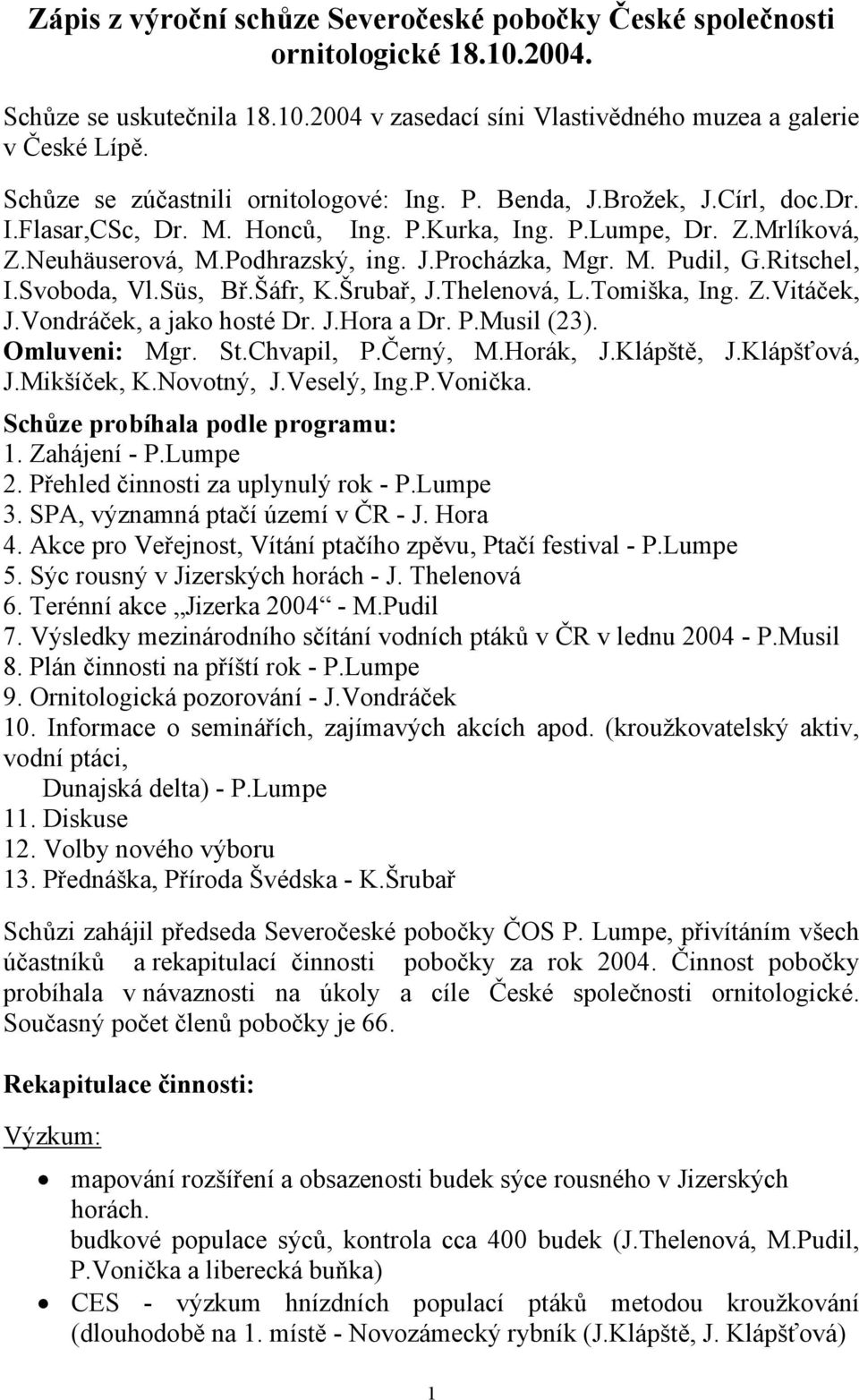 M. Pudil, G.Ritschel, I.Svoboda, Vl.Süs, Bř.Šáfr, K.Šrubař, J.Thelenová, L.Tomiška, Ing. Z.Vitáček, J.Vondráček, a jako hosté Dr. J.Hora a Dr. P.Musil (23). Omluveni: Mgr. St.Chvapil, P.Černý, M.