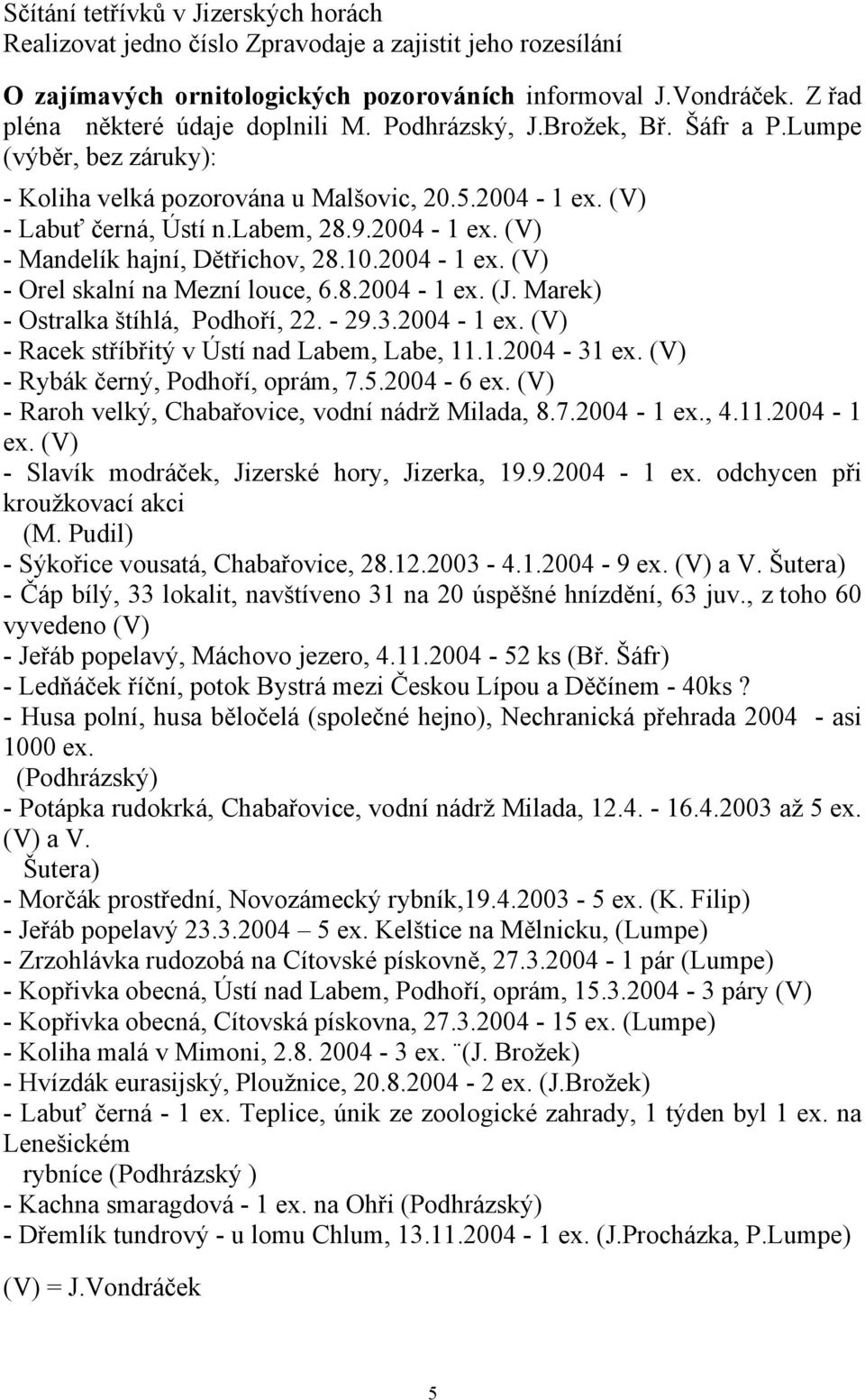 2004-1 ex. (V) - Mandelík hajní, Dětřichov, 28.10.2004-1 ex. (V) - Orel skalní na Mezní louce, 6.8.2004-1 ex. (J. Marek) - Ostralka štíhlá, Podhoří, 22. - 29.3.2004-1 ex. (V) - Racek stříbřitý v Ústí nad Labem, Labe, 11.