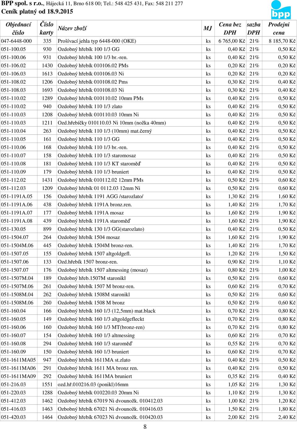 02 Pms ks 0,30 Kč 21% 0,40 Kč 051-108.03 1693 Ozdobný hřebík 010108.03 Ni ks 0,30 Kč 21% 0,40 Kč 051-110.02 1289 Ozdobný hřebík 010110.02 10mm PMs ks 0,40 Kč 21% 0,50 Kč 051-110.