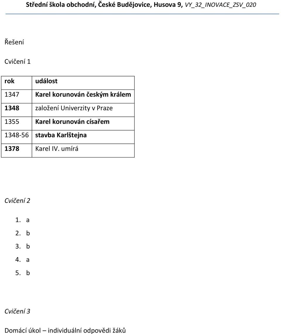 1348-56 stavba Karlštejna 1378 Karel IV. umírá Cvičení 2 1. a 2.
