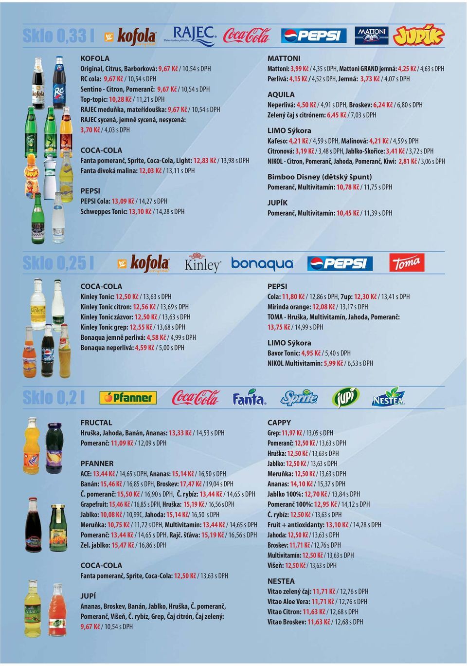 / 13,11 s DPH PEPSI PEPSI Cola: 13,09 Kč / 14,27 s DPH Schweppes Tonic: 13,10 Kč / 14,28 s DPH MATTONI Mattoni: 3,99 Kč / 4,35 s DPH, Mattoni GRAND jemná: 4,25 Kč / 4,63 s DPH Perlivá: 4,15 Kč / 4,52