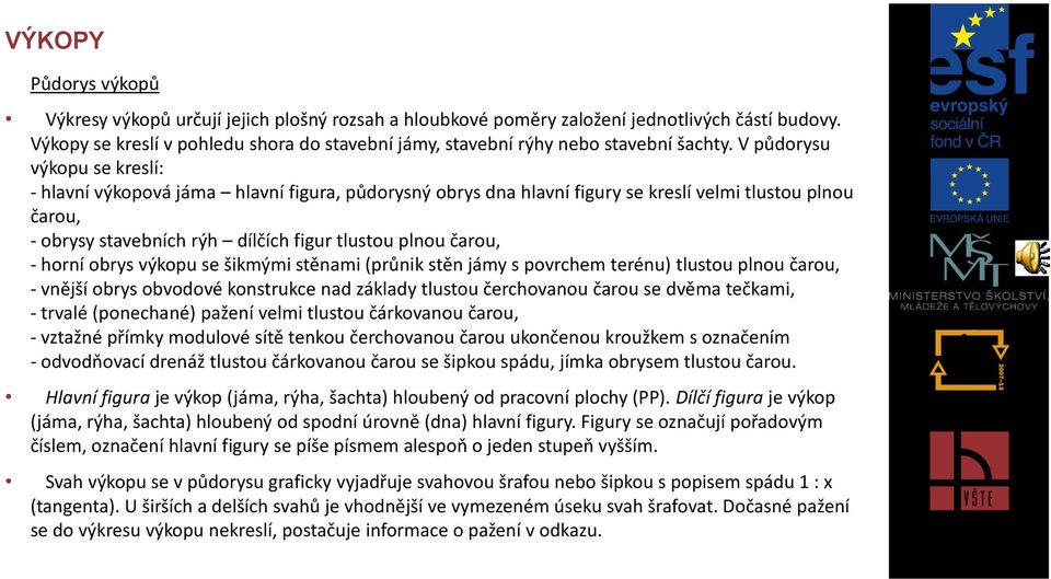 horní obrys výkopu se šikmými stěnami (průnik stěn jámy s povrchem terénu) tlustou plnou čarou, - vnější obrys obvodové konstrukce nad základy tlustou čerchovanou čarou se dvěma tečkami, - trvalé