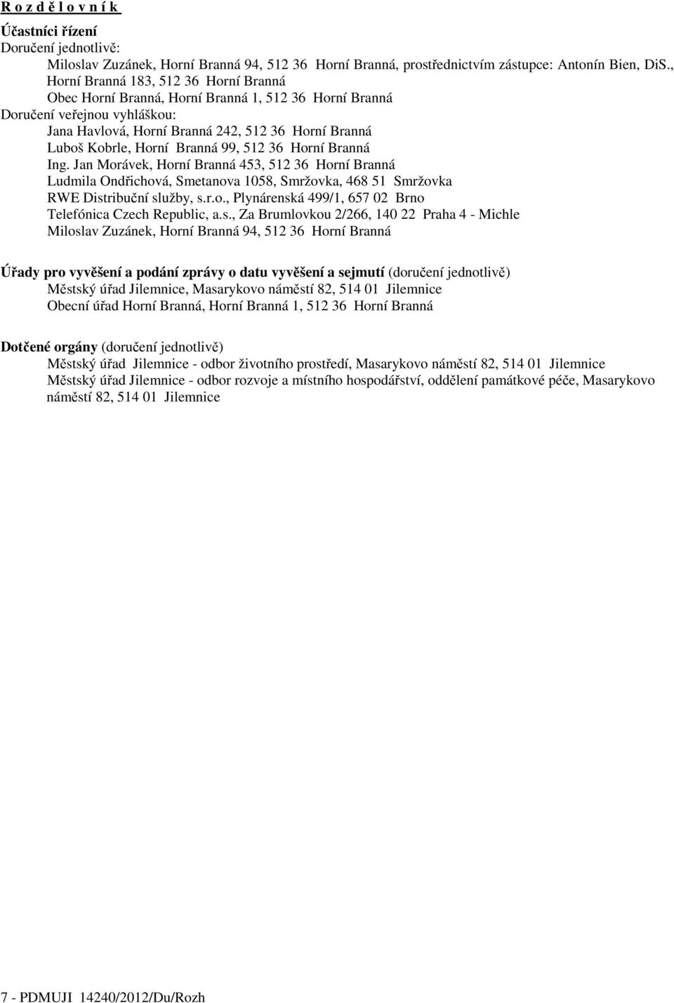 Branná 99, 512 36 Horní Branná Ing. Jan Morávek, Horní Branná 453, 512 36 Horní Branná Ludmila Ondřichová, Smetanova 1058, Smržovka, 468 51 Smržovka RWE Distribuční služby, s.r.o., Plynárenská 499/1, 657 02 Brno Telefónica Czech Republic, a.