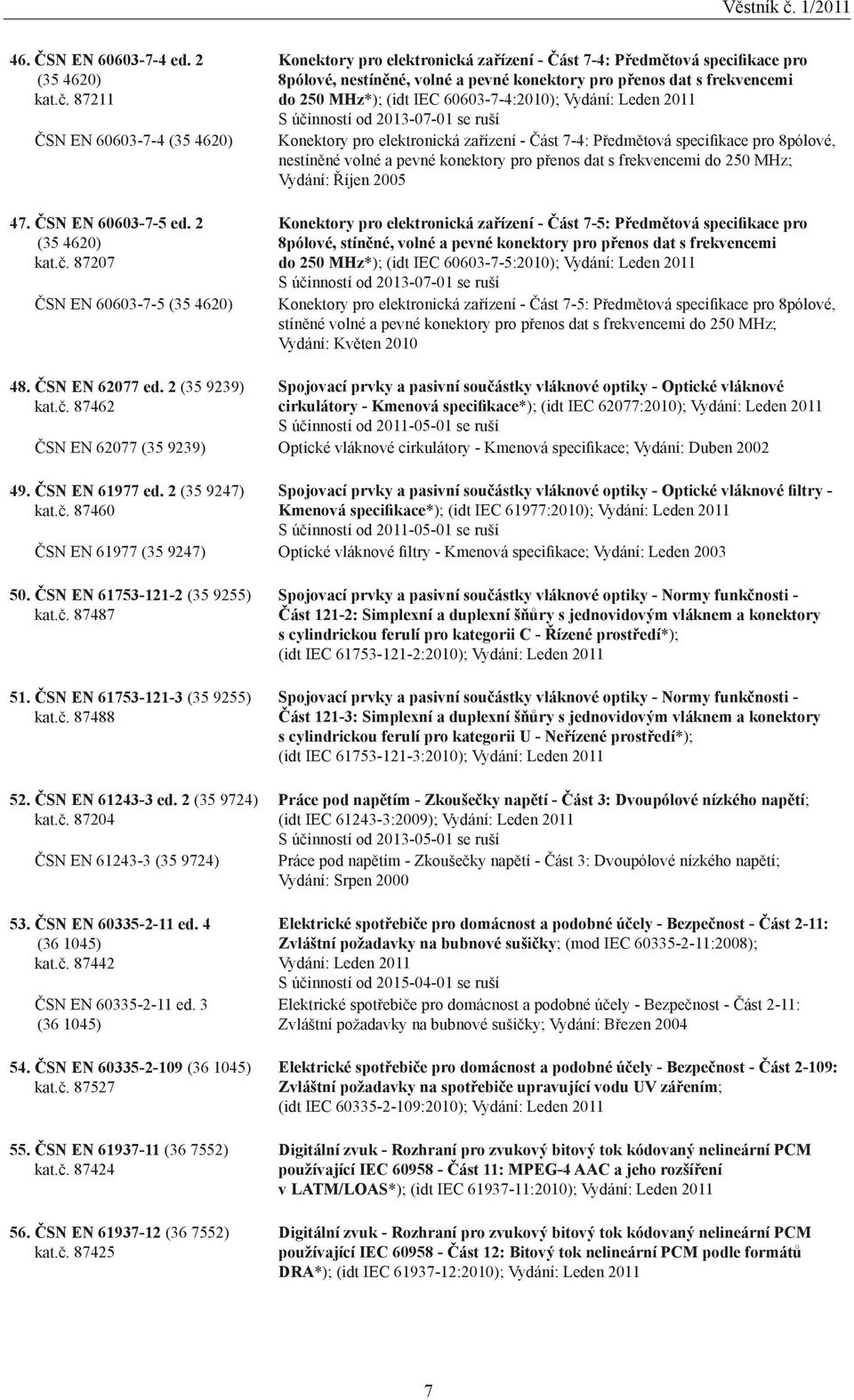 87207 ČSN EN 60603-7-5 (35 4620) Konektory pro elektronická zařízení - Část 7-4: Předmětová specifikace pro 8pólové, nestíněné, volné a pevné konektory pro přenos dat s frekvencemi do 250 MHz*); (idt