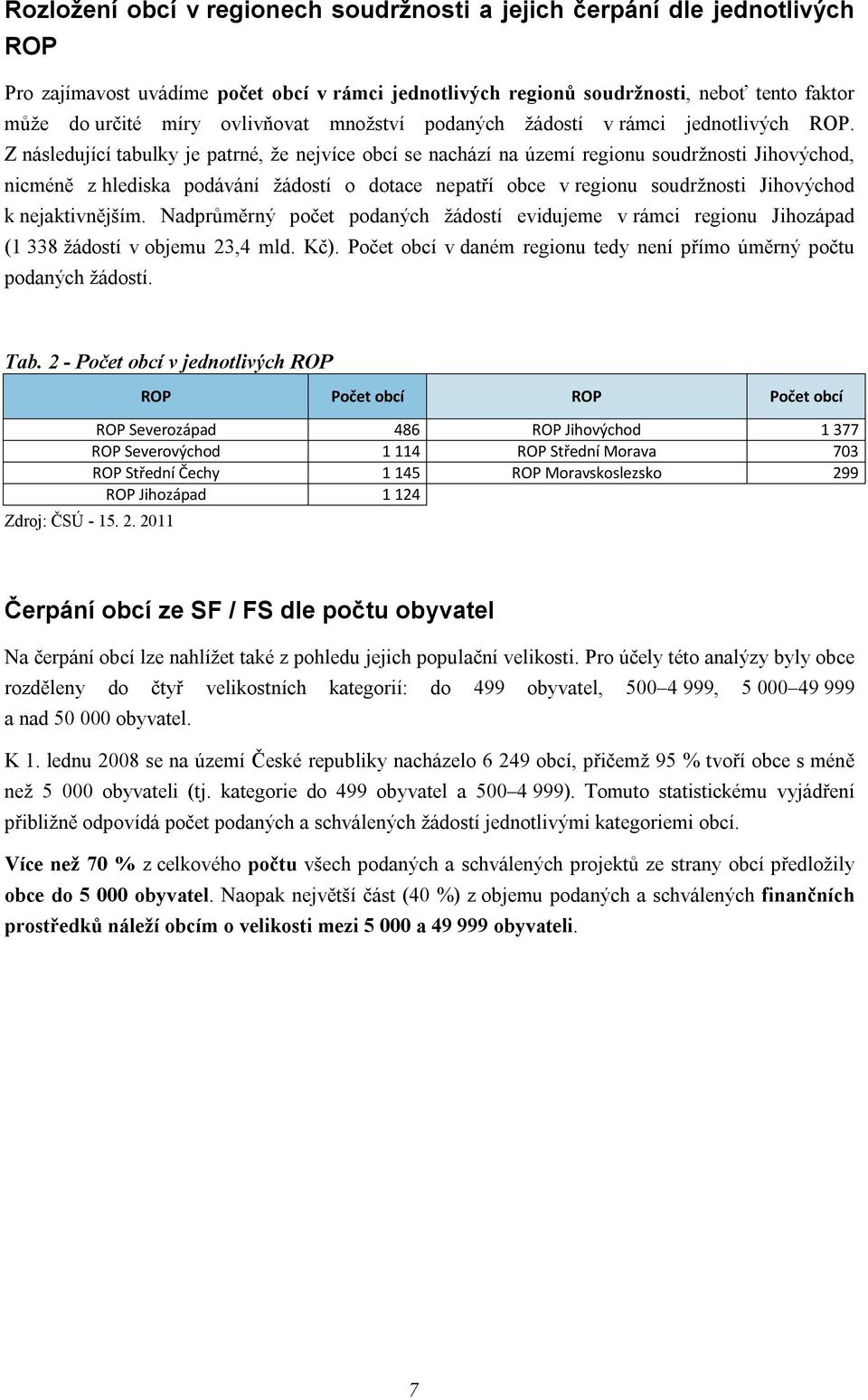 Z následující tabulky je patrné, že nejvíce obcí se nachází na území regionu soudržnosti Jihovýchod, nicméně z hlediska podávání žádostí o dotace nepatří obce v regionu soudržnosti Jihovýchod k