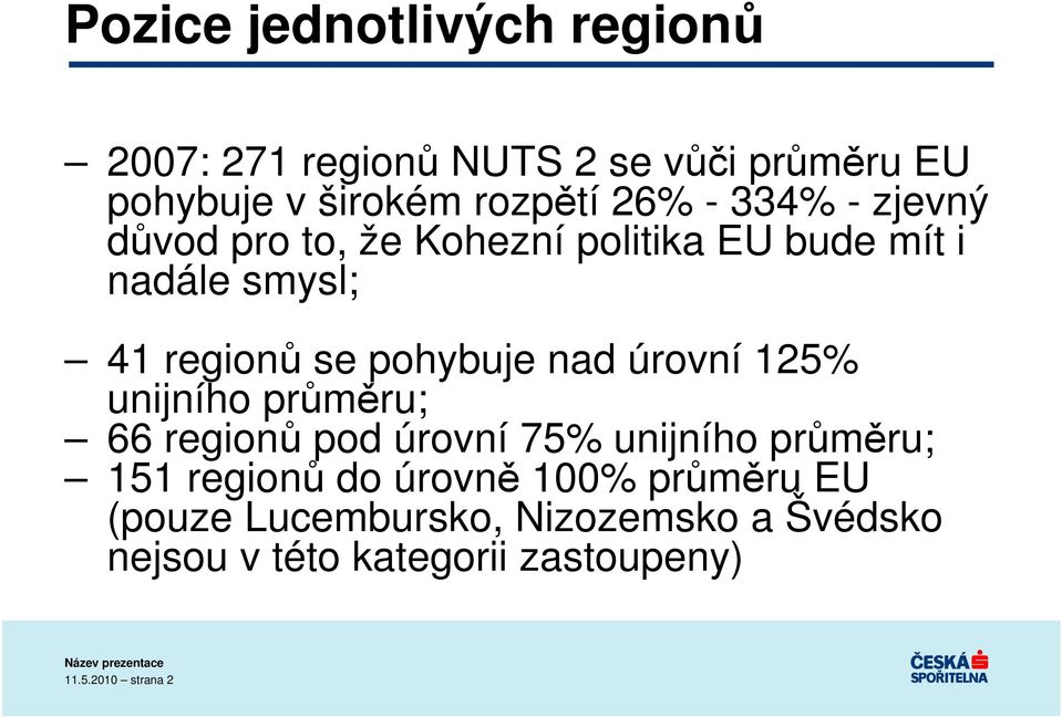 nad úrovní 125% unijního průměru; 66 regionů pod úrovní 75% unijního průměru; 151 regionů do úrovně