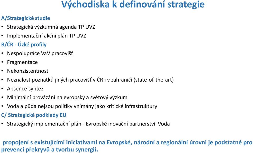 evropský a světový výzkum Voda a půda nejsou politiky vnímány jako kritické infrastruktury C/ Strategické podklady EU Strategický implementační plán -