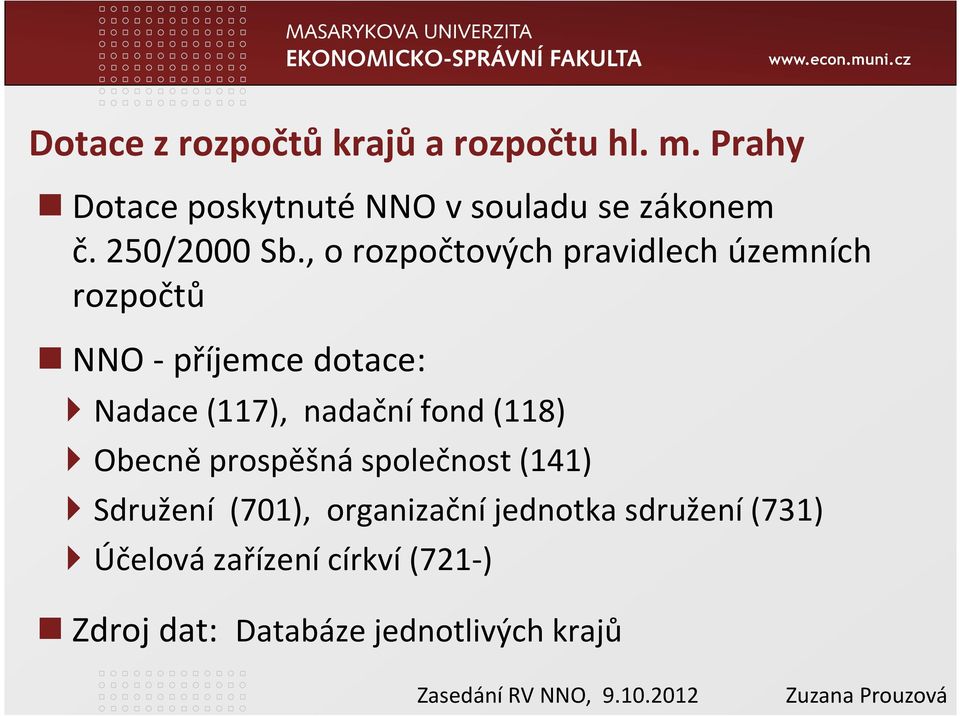 , o rozpočtových pravidlech územních rozpočtů NNO -příjemce dotace: Nadace (117), nadační