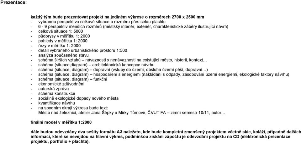 urbanistického prostoru 1:500 - analýza současného stavu - schéma širších vztahů návaznosti x nenávaznosti na existující město, historii, kontext - schéma (situace,diagram) architektonická koncepce