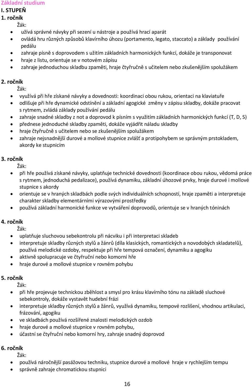 doprovodem s užitím základních harmonických funkcí, dokáže je transponovat hraje z listu, orientuje se v notovém zápisu zahraje jednoduchou skladbu zpaměti, hraje čtyřručně s učitelem nebo