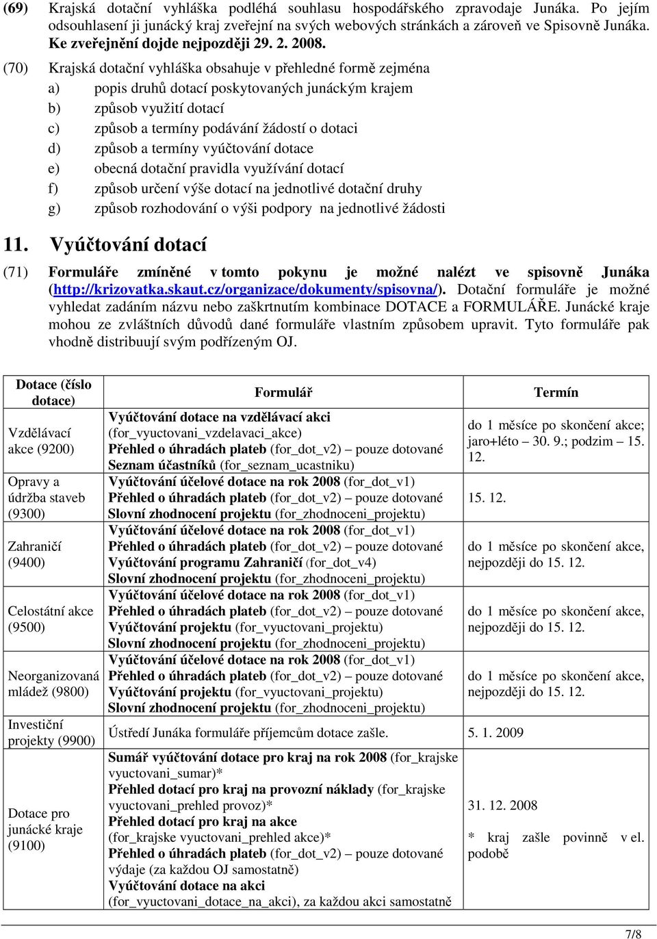 (70) Krajská dotaní vyhláška obsahuje v pehledné form zejména a) popis druh dotací poskytovaných junáckým krajem b) zpsob využití dotací c) zpsob a termíny podávání žádostí o dotaci d) zpsob a