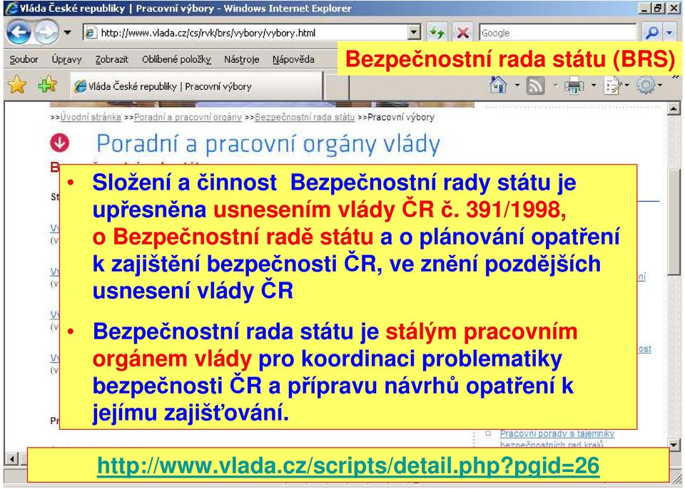 usnesení vlády ČR Bezpečnostní rada státu je stálým pracovním orgánem vlády pro koordinaci problematiky