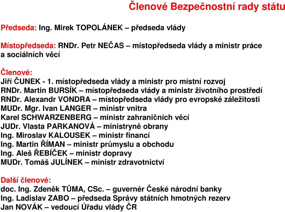 Ivan LANGER ministr vnitra Karel SCHWARZENBERG ministr zahraničních věcí JUDr. Vlasta PARKANOVÁ ministryně obrany Ing. Miroslav KALOUSEK ministr financí Ing.