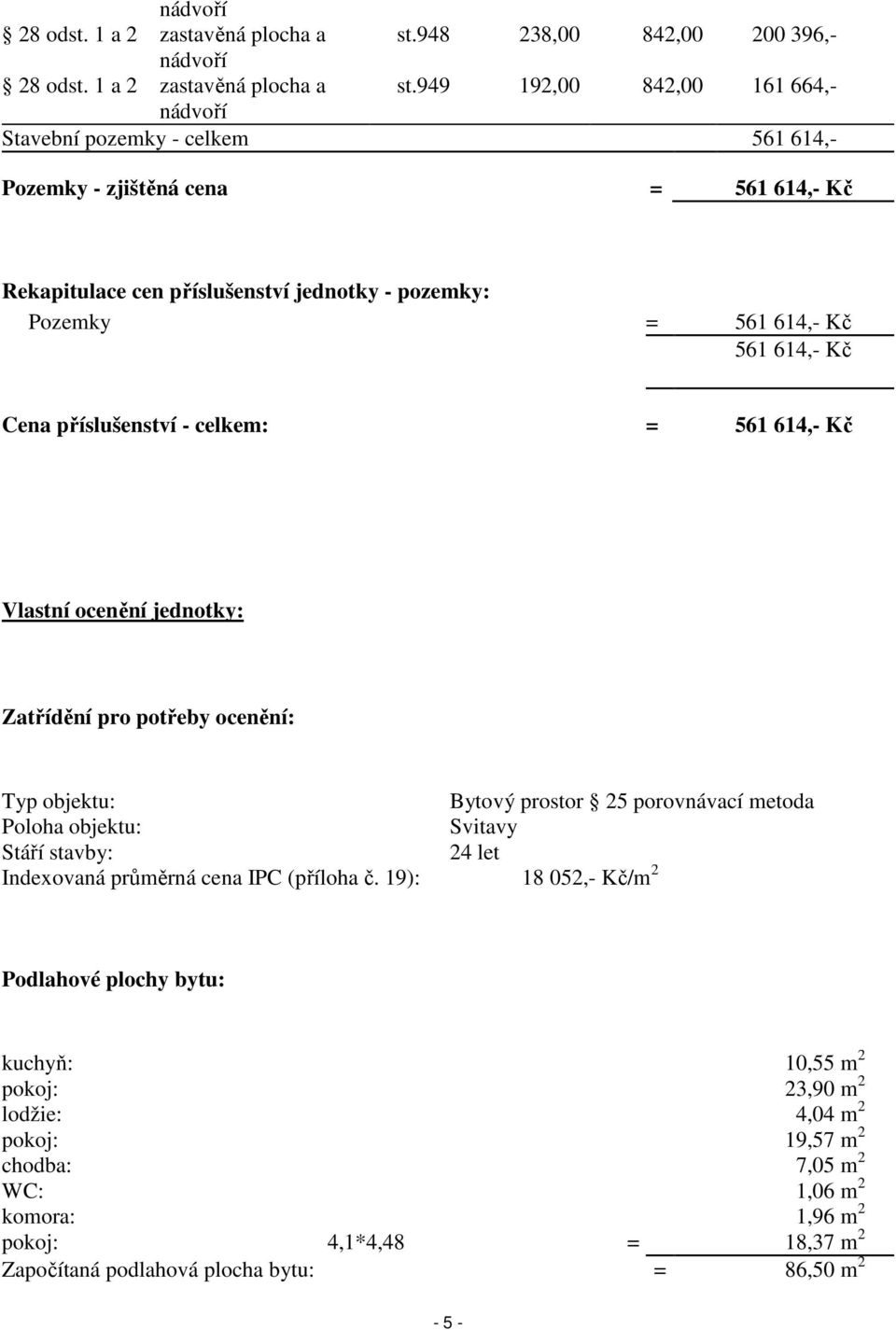 = 561 614,- Kč 561 614,- Kč Cena příslušenství - celkem: = 561 614,- Kč Vlastní ocenění jednotky: Zatřídění pro potřeby ocenění: Typ objektu: Bytový prostor 25 porovnávací metoda Poloha objektu: