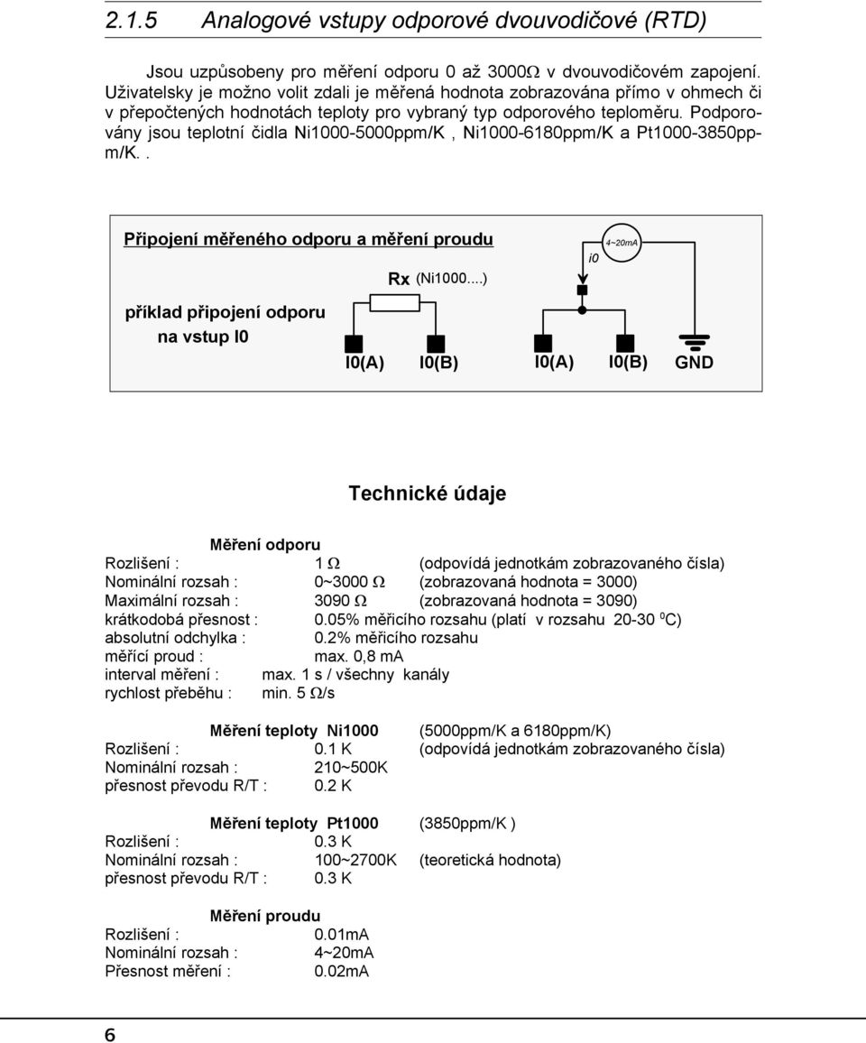 Podporovány jsou teplotní čidla Ni000-000ppm/K, Ni000-0ppm/K a Pt000-0ppm/K.. Připojení měřeného odporu a měření proudu Rx (Ni000.