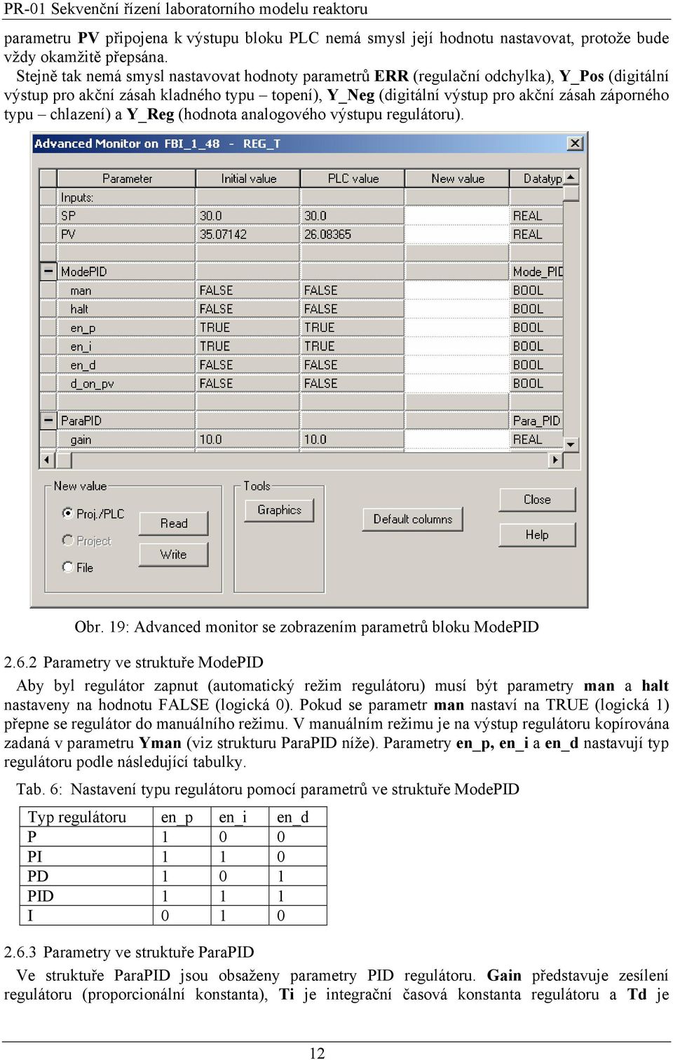 chlazení) a Y_Reg (hodnota analogového výstupu regulátoru). Obr. 19: Advanced monitor se zobrazením parametrů bloku ModePID 2.6.