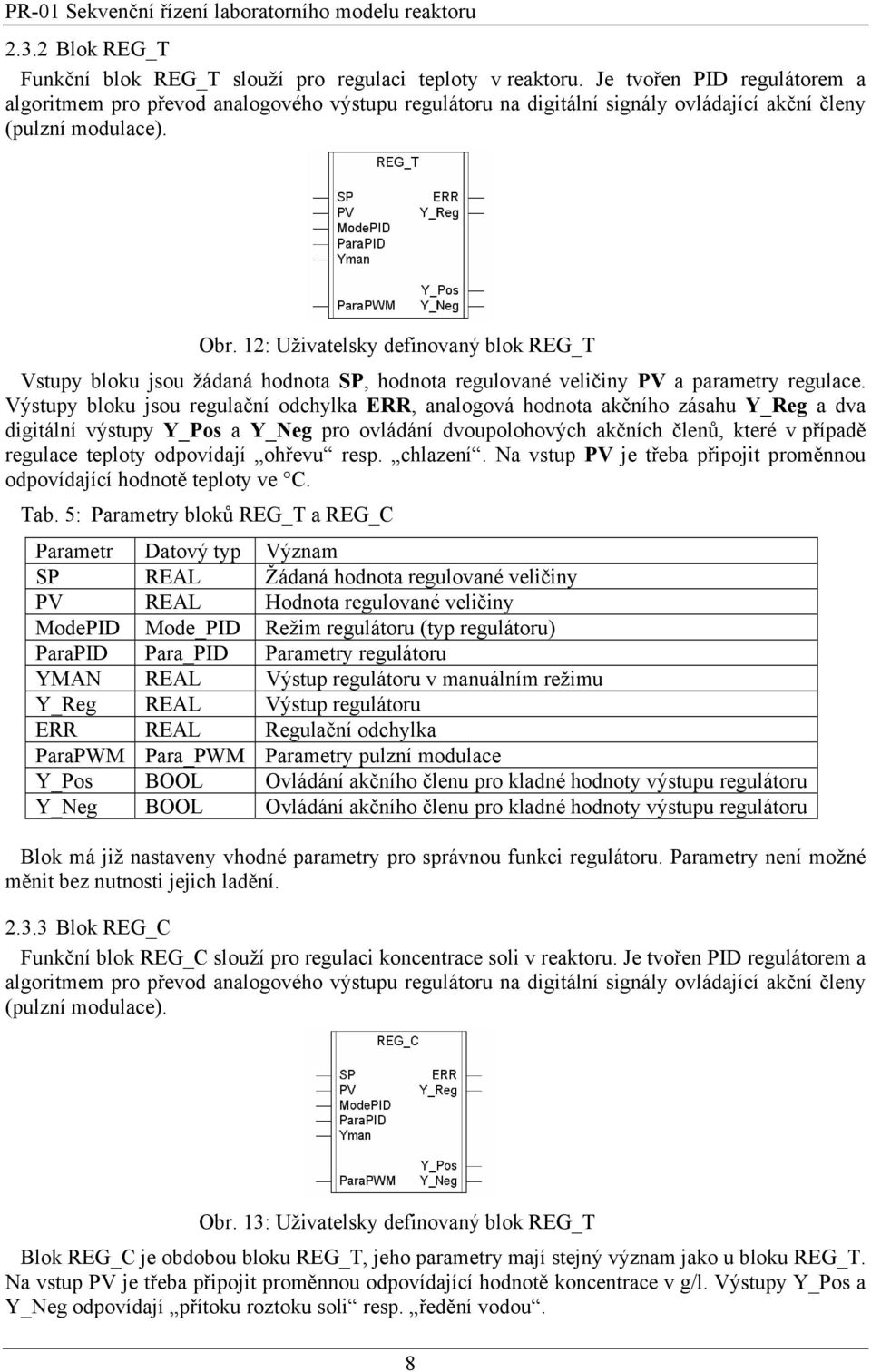 12: Uživatelsky definovaný blok REG_T Vstupy bloku jsou žádaná hodnota SP, hodnota regulované veličiny PV a parametry regulace.