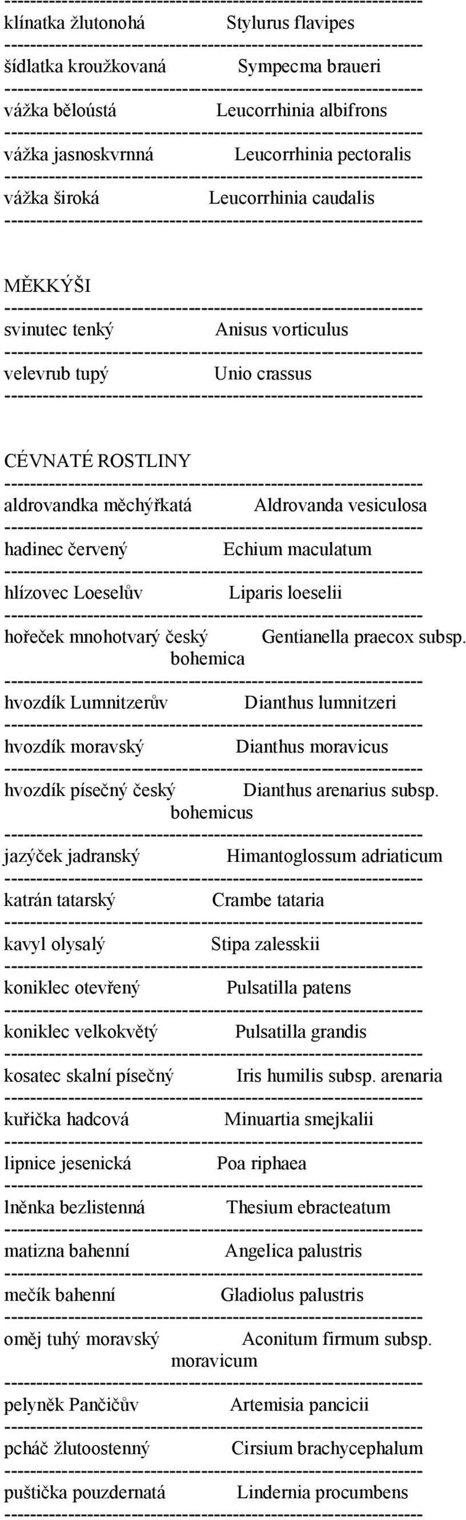 mnohotvarý český Gentianella praecox subsp. bohemica hvozdík Lumnitzerův Dianthus lumnitzeri hvozdík moravský Dianthus moravicus hvozdík písečný český Dianthus arenarius subsp.