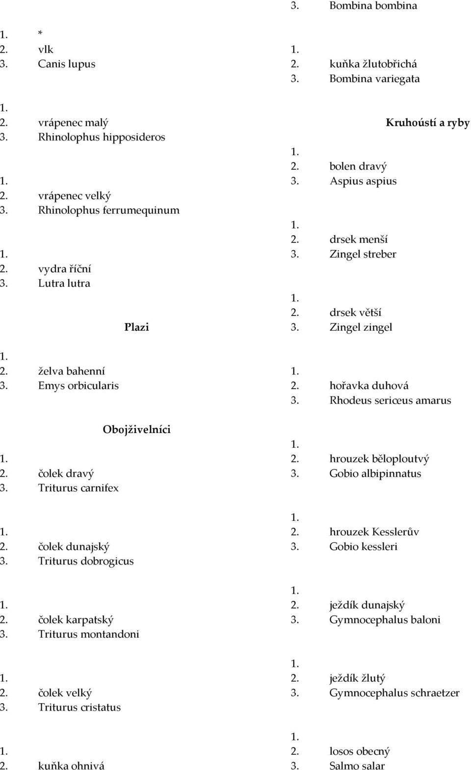 Triturus cristatus kuňka ohnivá kuňka žlutobřichá 3. Bombina variegata bolen dravý 3. Aspius aspius drsek menší 3. Zingel streber drsek větší 3.