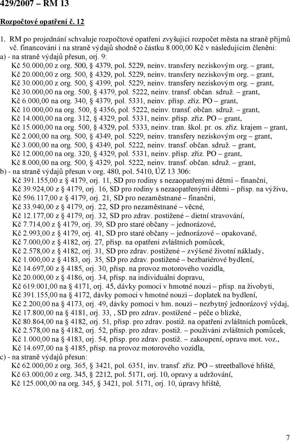 5229, neinv. transfery neziskovým org. grant, Kč 30.000,00 z org. 500, 4399, pol. 5229, neinv. transfery neziskovým org. grant, Kč 30.000,00 na org. 500, 4379, pol. 5222, neinv. transf. občan. sdruž.