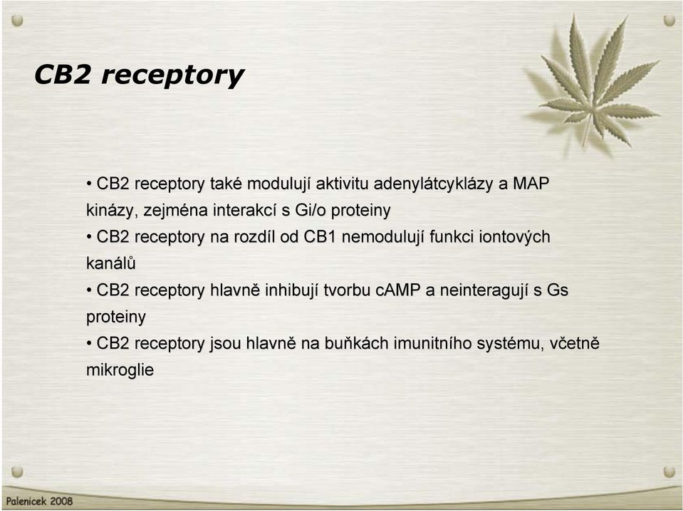 funkci iontových kanálů CB2 receptory hlavně inhibují tvorbu camp a neinteragují s Gs