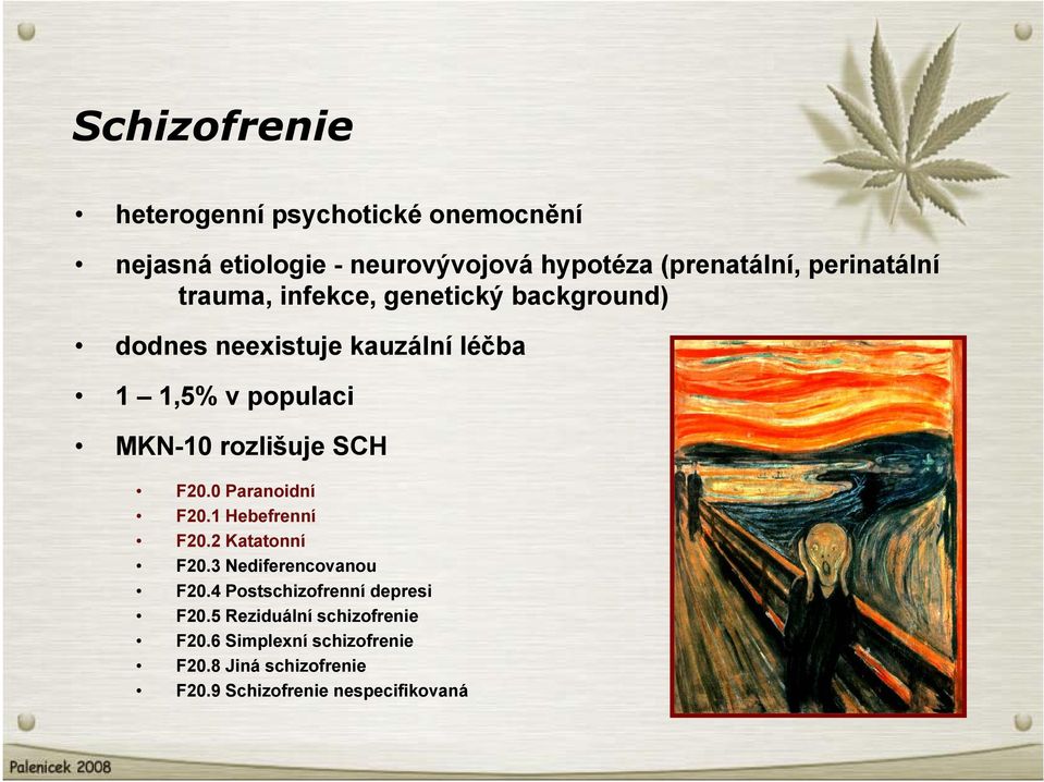 rozlišuje SCH F20.0 Paranoidní F20.1 Hebefrenní F20.2 Katatonní F20.3 Nediferencovanou F20.