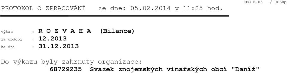 05 / U060p výkaz : R O Z V A H A (Bilance) za období : 12.