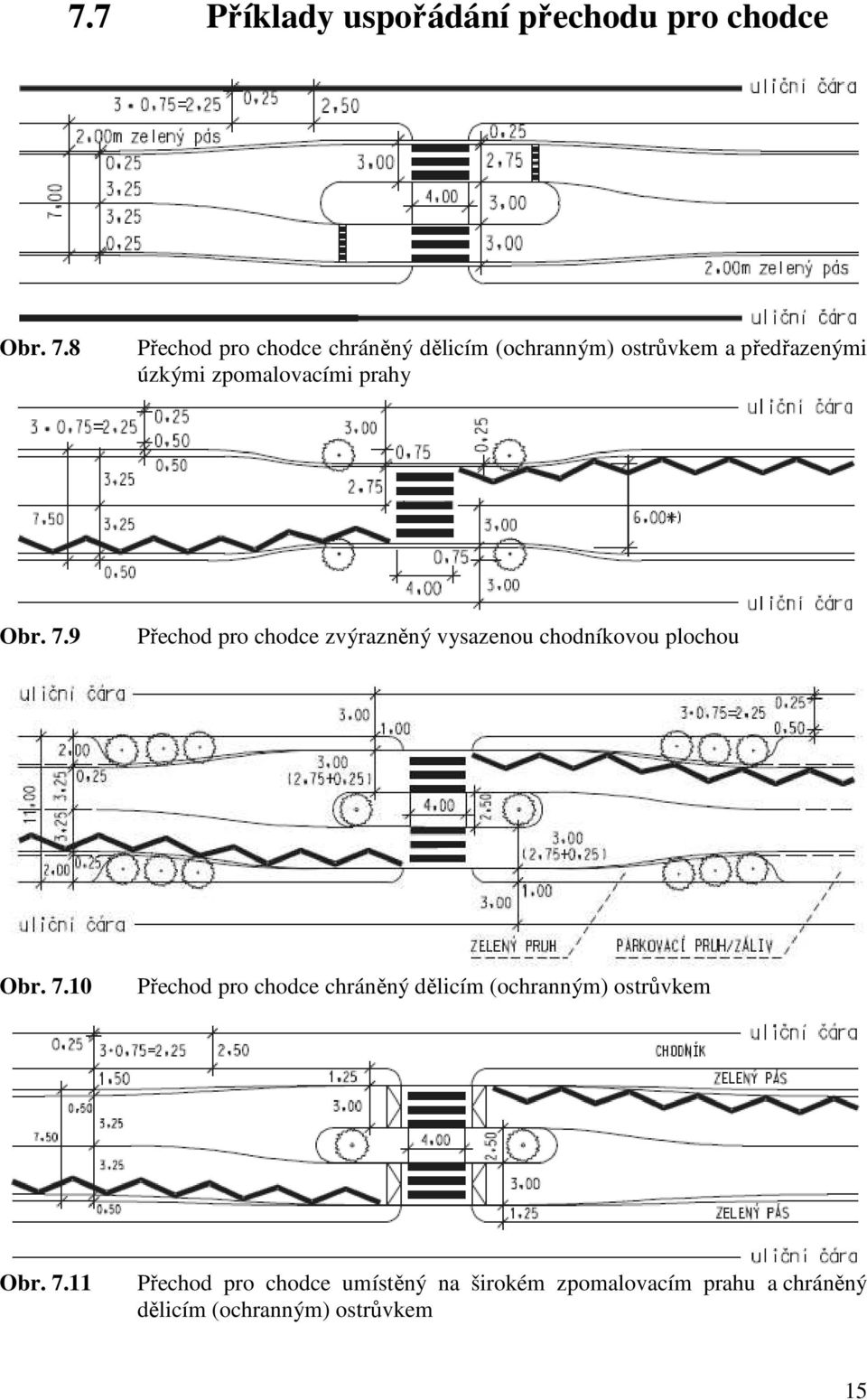 prahy Obr. 7.9 Přechod pro chodce zvýrazněný vysazenou chodníkovou plochou Obr. 7.10 Přechod pro chodce chráněný dělicím (ochranným) ostrůvkem Obr.